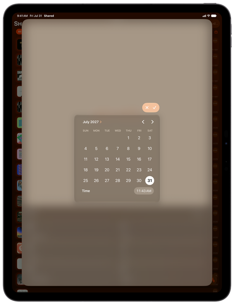 Shared on iPad Pro 13-inch showing Reminder Picker in the Orange tint, dark appearance.