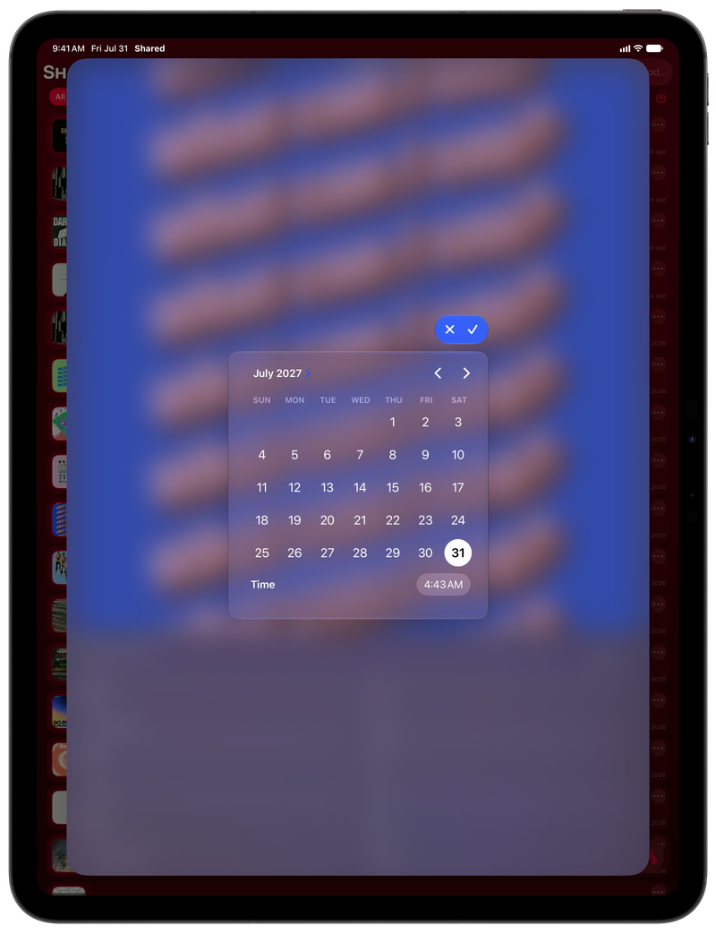 Shared on iPad Pro 13-inch showing Reminder Picker in the Pink tint, dark appearance.