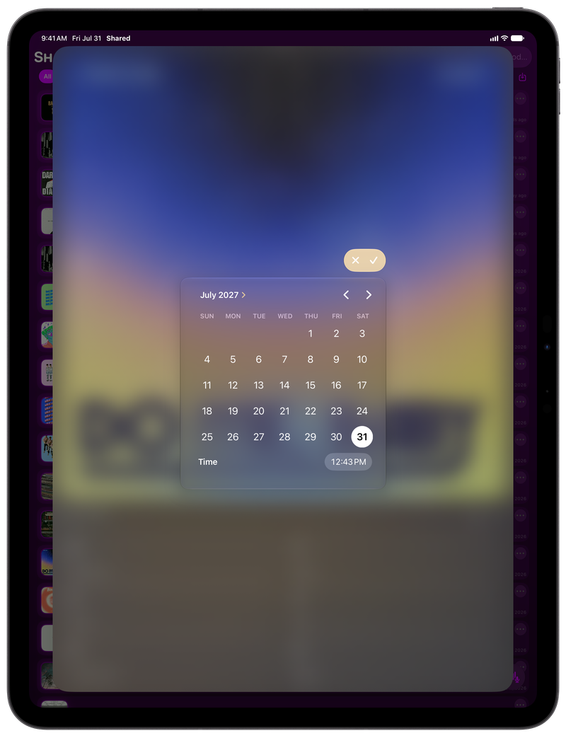 Shared on iPad Pro 13-inch showing Reminder Picker in the Purple tint, dark appearance.