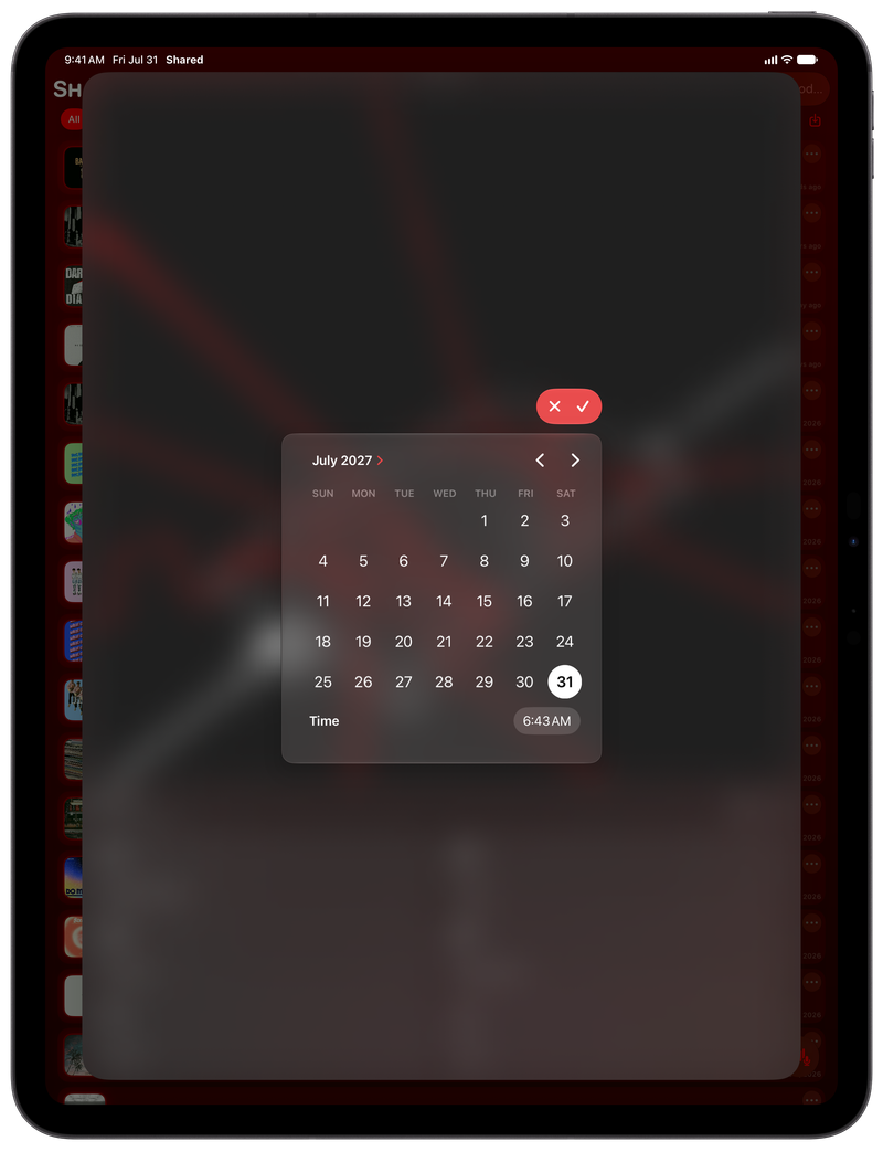 Shared on iPad Pro 13-inch showing Reminder Picker in the Red tint, dark appearance.