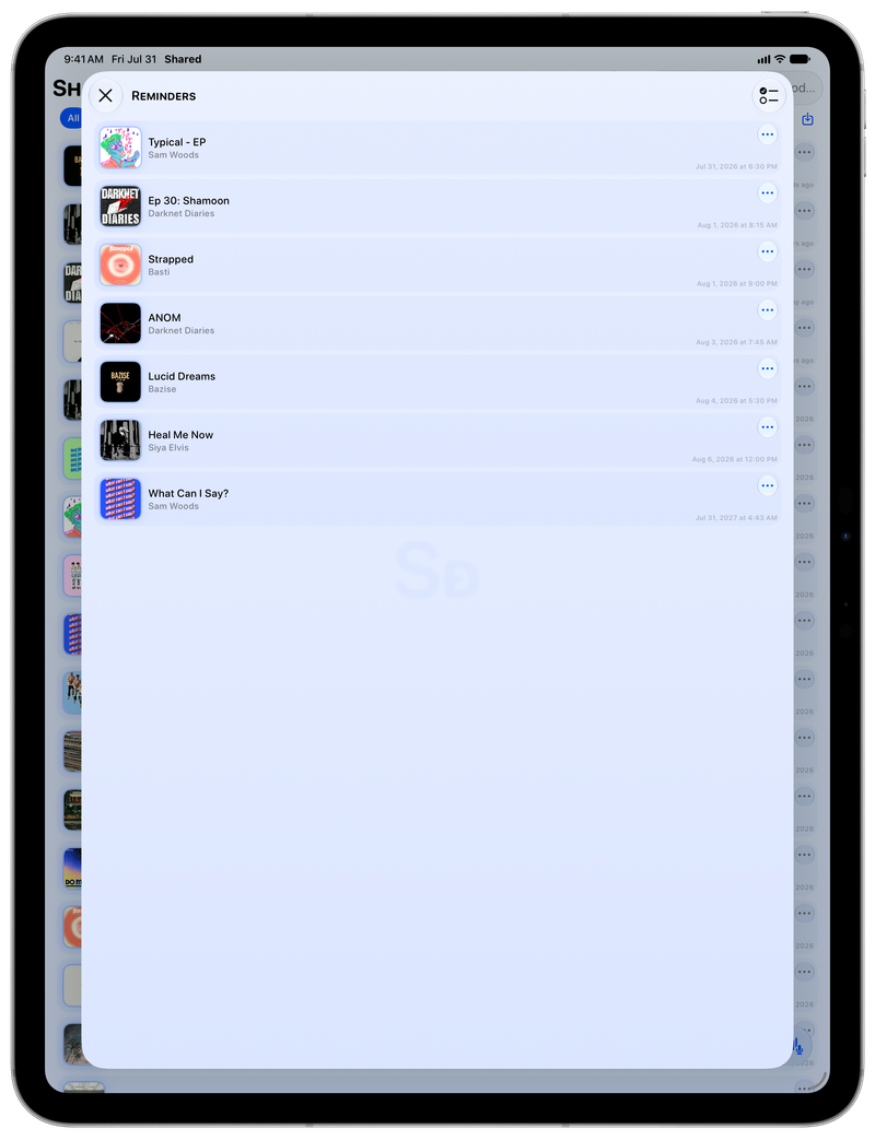 Shared on iPad Pro 13-inch showing Reminders in the Blue tint, light appearance.