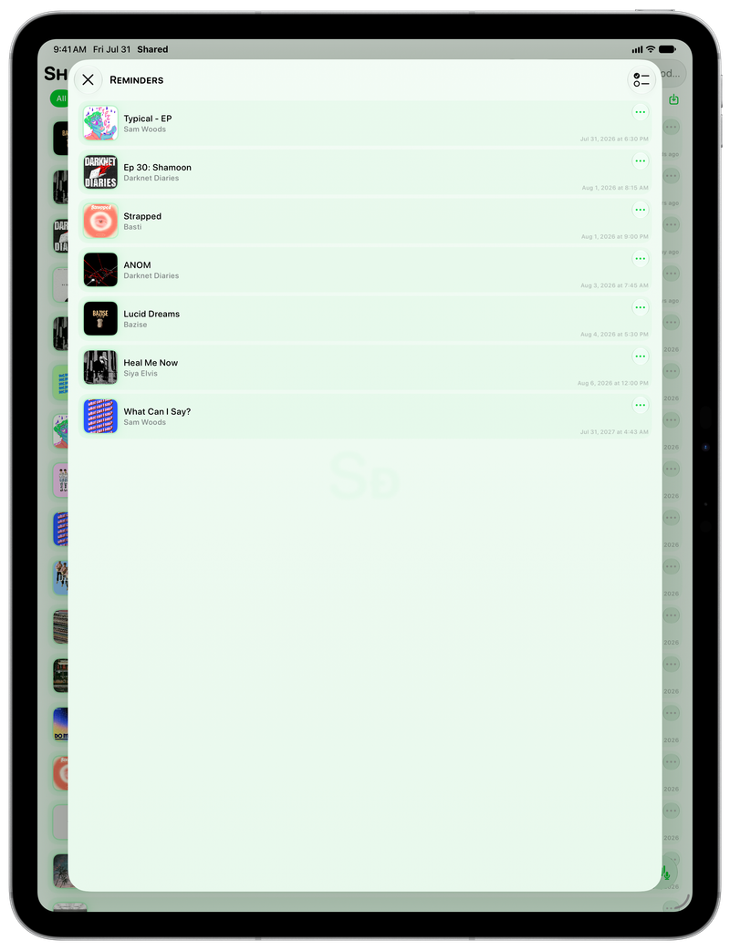 Shared on iPad Pro 13-inch showing Reminders in the Green tint, light appearance.