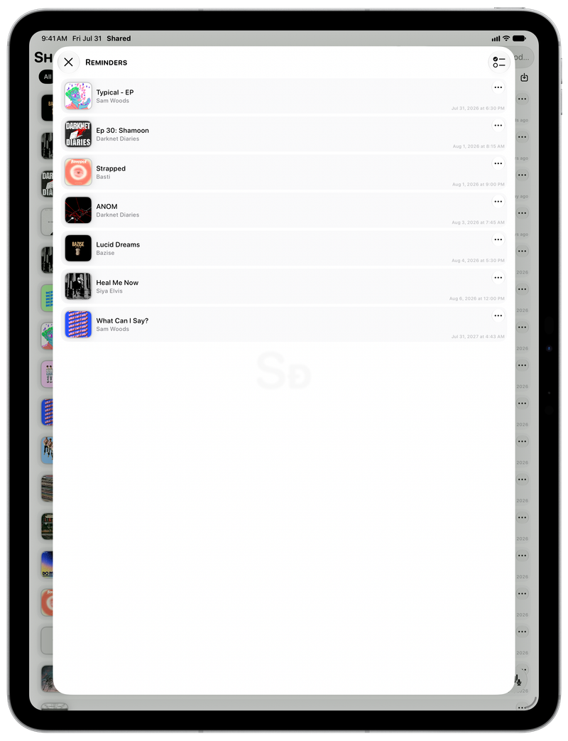 Shared on iPad Pro 13-inch showing Reminders in the Grey tint, light appearance.