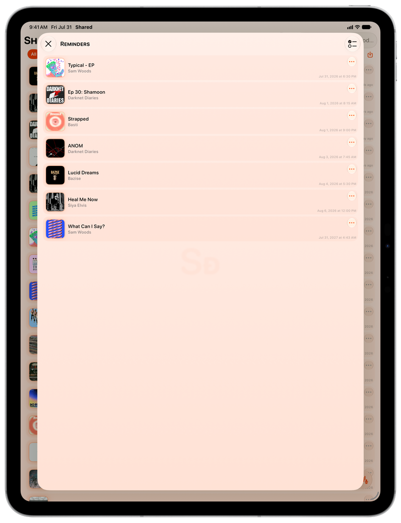 Shared on iPad Pro 13-inch showing Reminders in the Orange tint, light appearance.