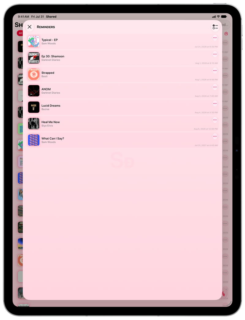 Shared on iPad Pro 13-inch showing Reminders in the Pink tint, light appearance.