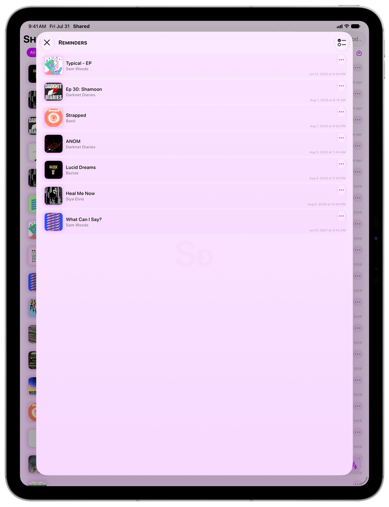 Shared on iPad Pro 13-inch showing Reminders in the Purple tint, light appearance.