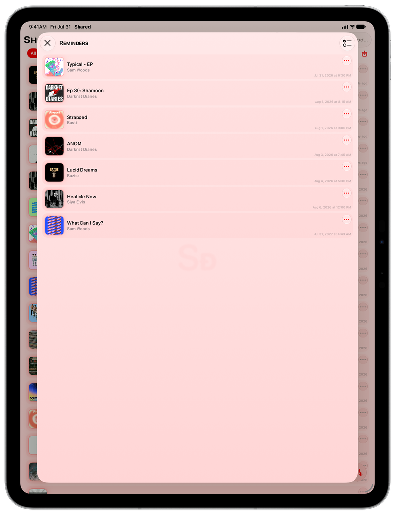 Shared on iPad Pro 13-inch showing Reminders in the Red tint, light appearance.