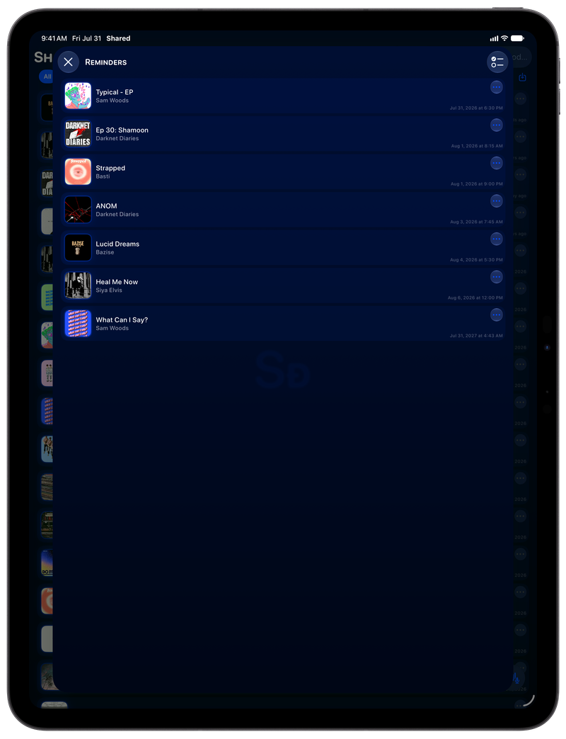 Shared on iPad Pro 13-inch showing Reminders in the Blue tint, dark appearance.