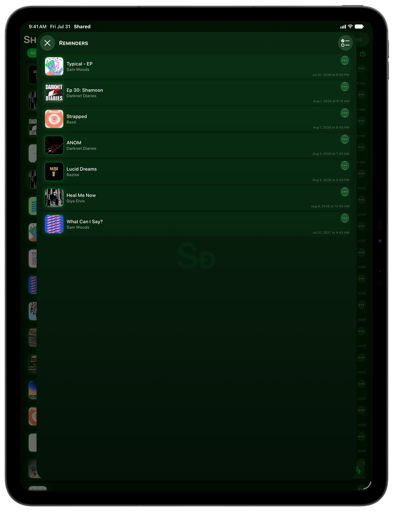 Shared on iPad Pro 13-inch showing Reminders in the Green tint, dark appearance.
