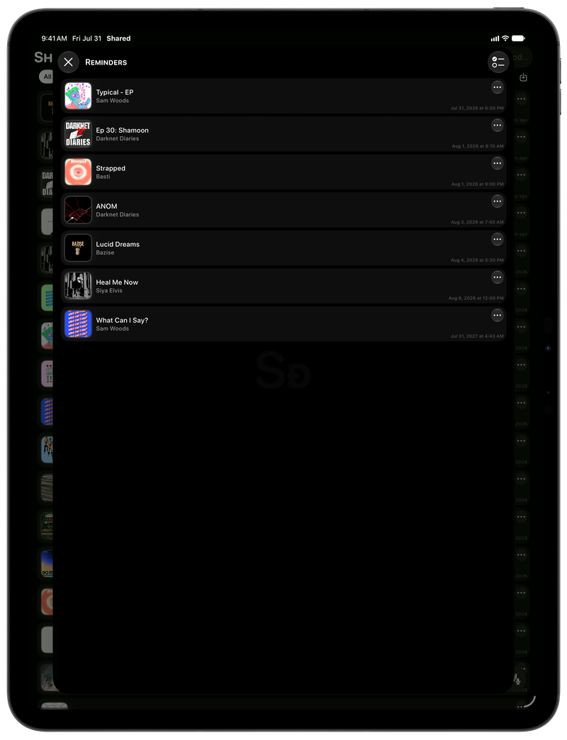 Shared on iPad Pro 13-inch showing Reminders in the Grey tint, dark appearance.