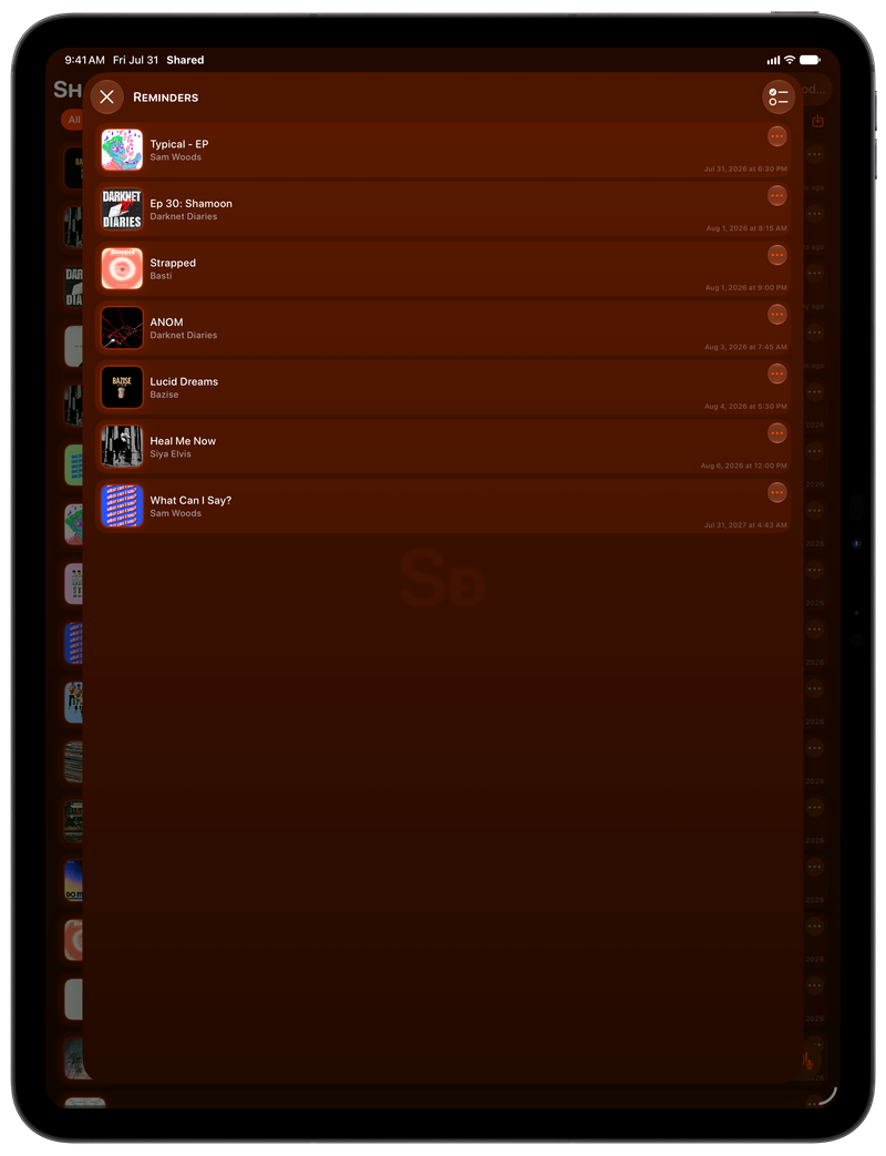Shared on iPad Pro 13-inch showing Reminders in the Orange tint, dark appearance.