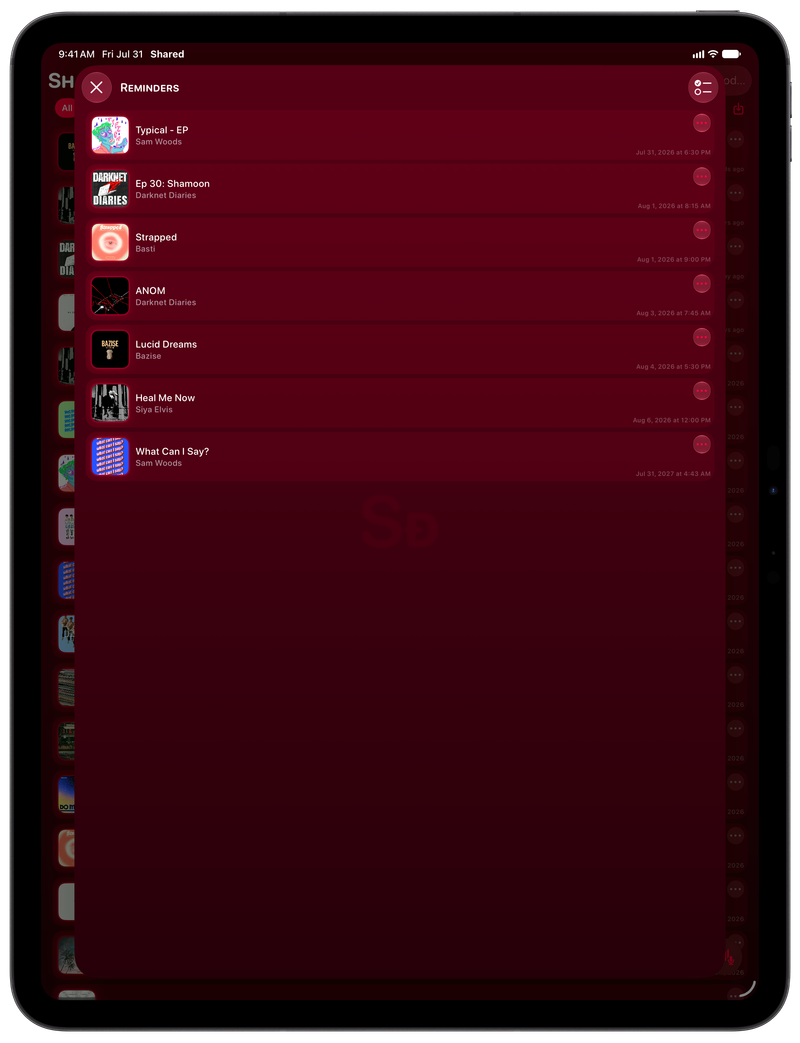 Shared on iPad Pro 13-inch showing Reminders in the Pink tint, dark appearance.