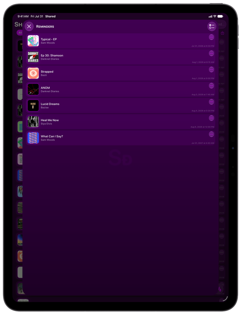 Shared on iPad Pro 13-inch showing Reminders in the Purple tint, dark appearance.