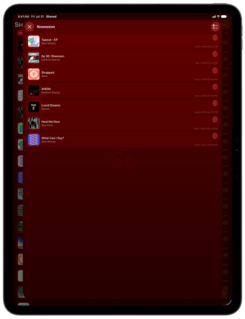Shared on iPad Pro 13-inch showing Reminders in the Red tint, dark appearance.