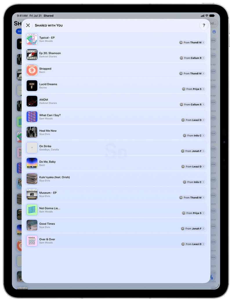 Shared on iPad Pro 13-inch showing Shared with You in the Blue tint, light appearance.