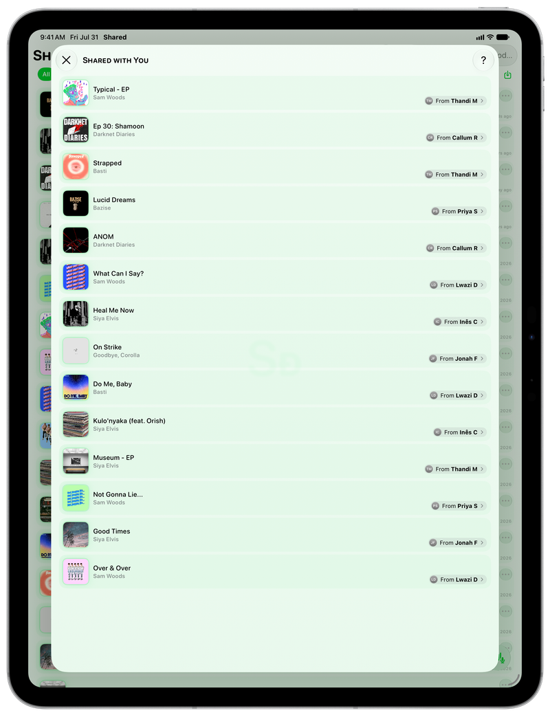 Shared on iPad Pro 13-inch showing Shared with You in the Green tint, light appearance.