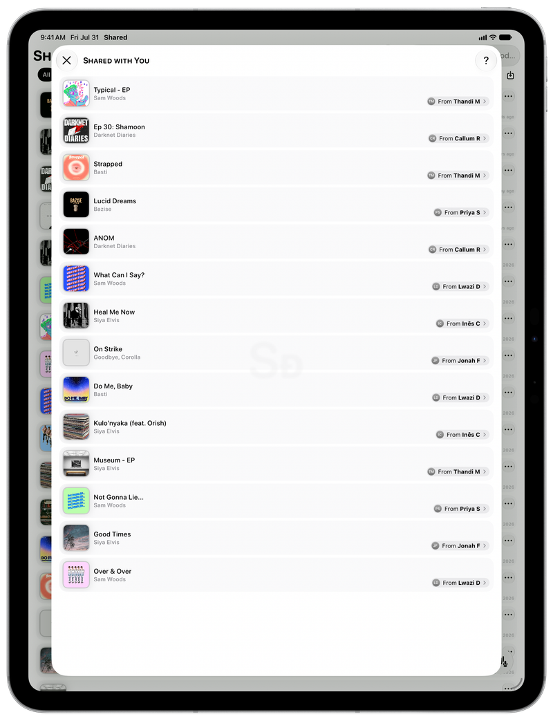 Shared on iPad Pro 13-inch showing Shared with You in the Grey tint, light appearance.