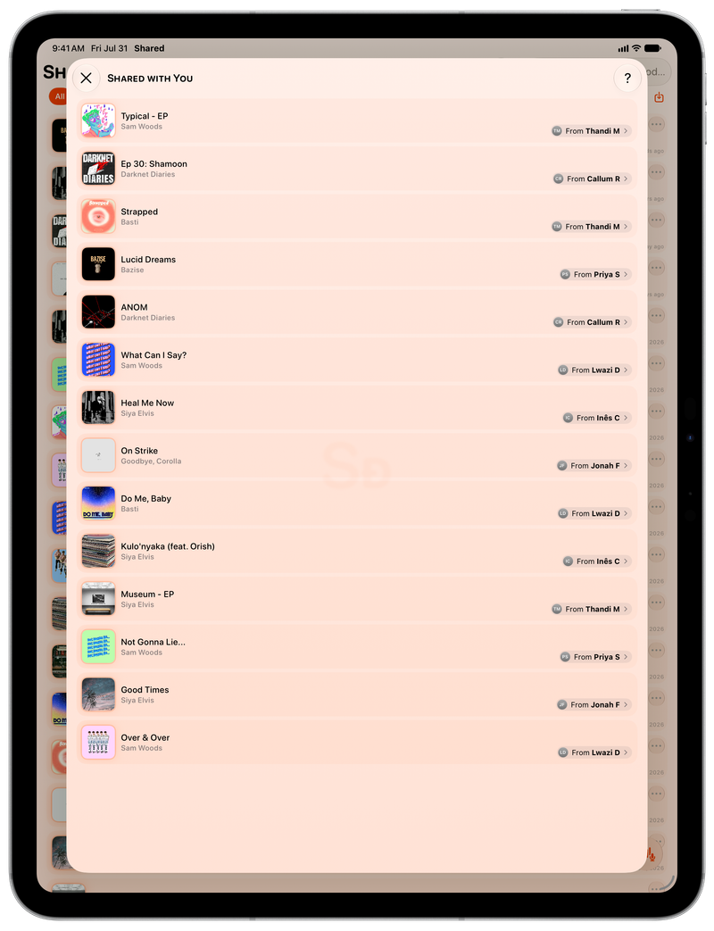 Shared on iPad Pro 13-inch showing Shared with You in the Orange tint, light appearance.