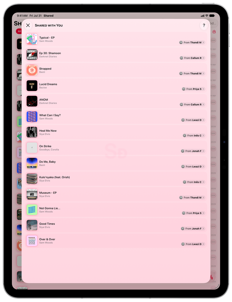 Shared on iPad Pro 13-inch showing Shared with You in the Pink tint, light appearance.