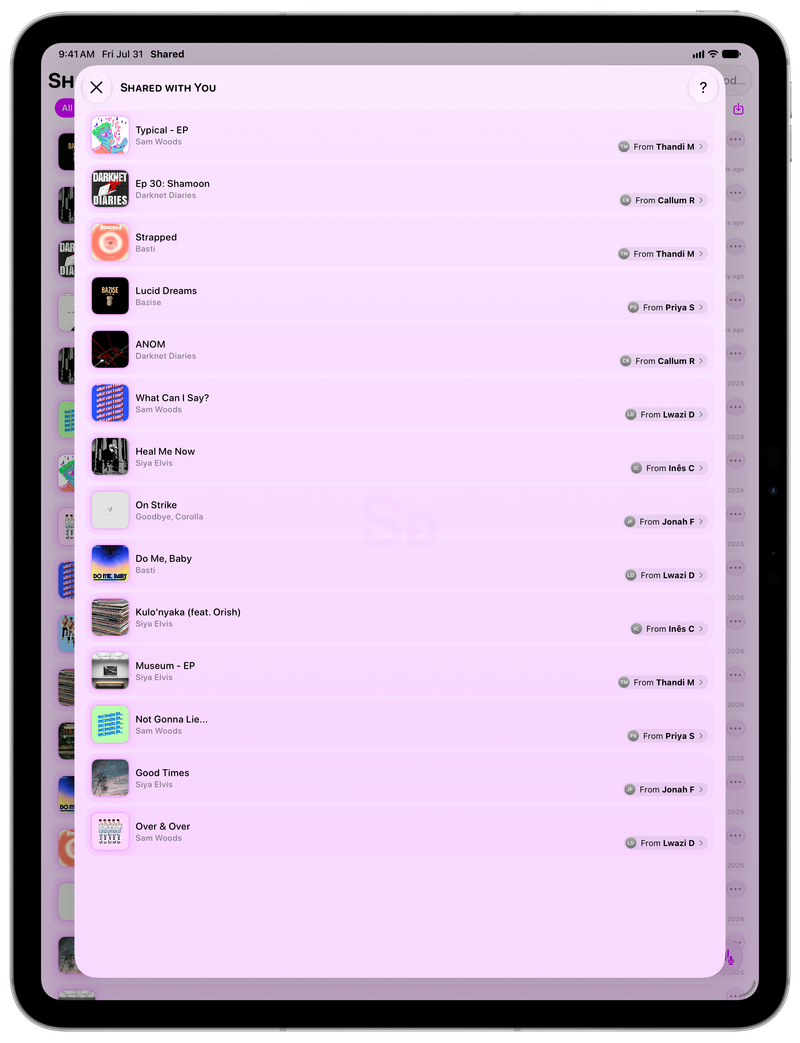 Shared on iPad Pro 13-inch showing Shared with You in the Purple tint, light appearance.
