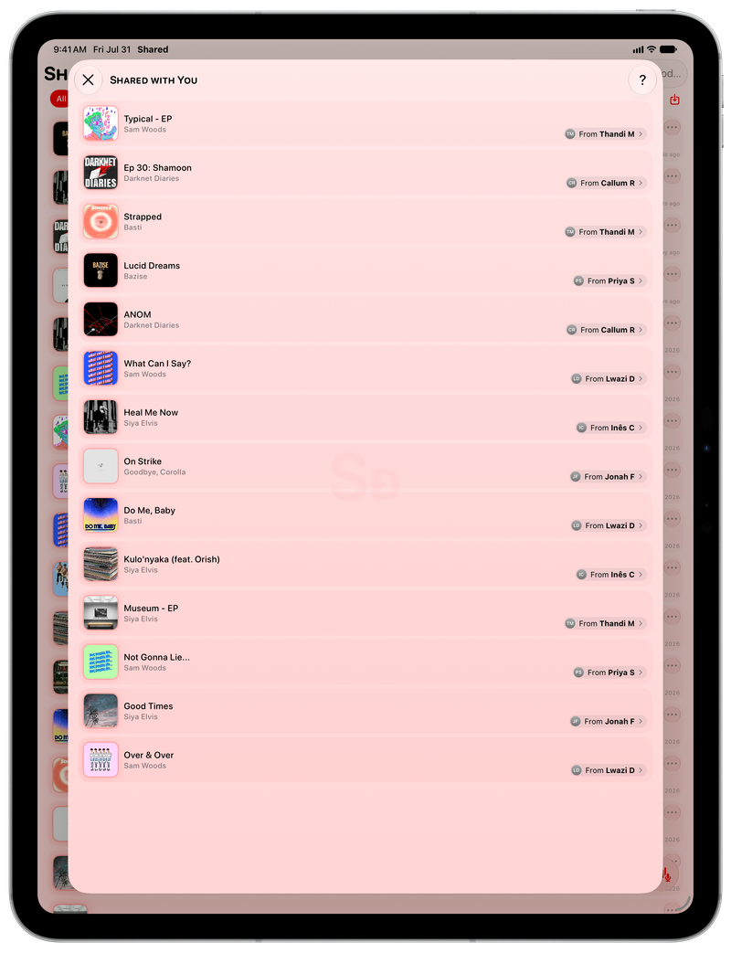 Shared on iPad Pro 13-inch showing Shared with You in the Red tint, light appearance.