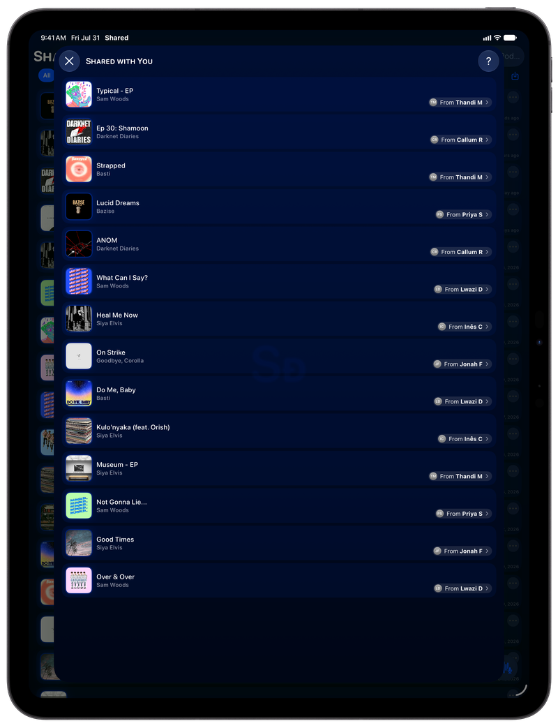 Shared on iPad Pro 13-inch showing Shared with You in the Blue tint, dark appearance.