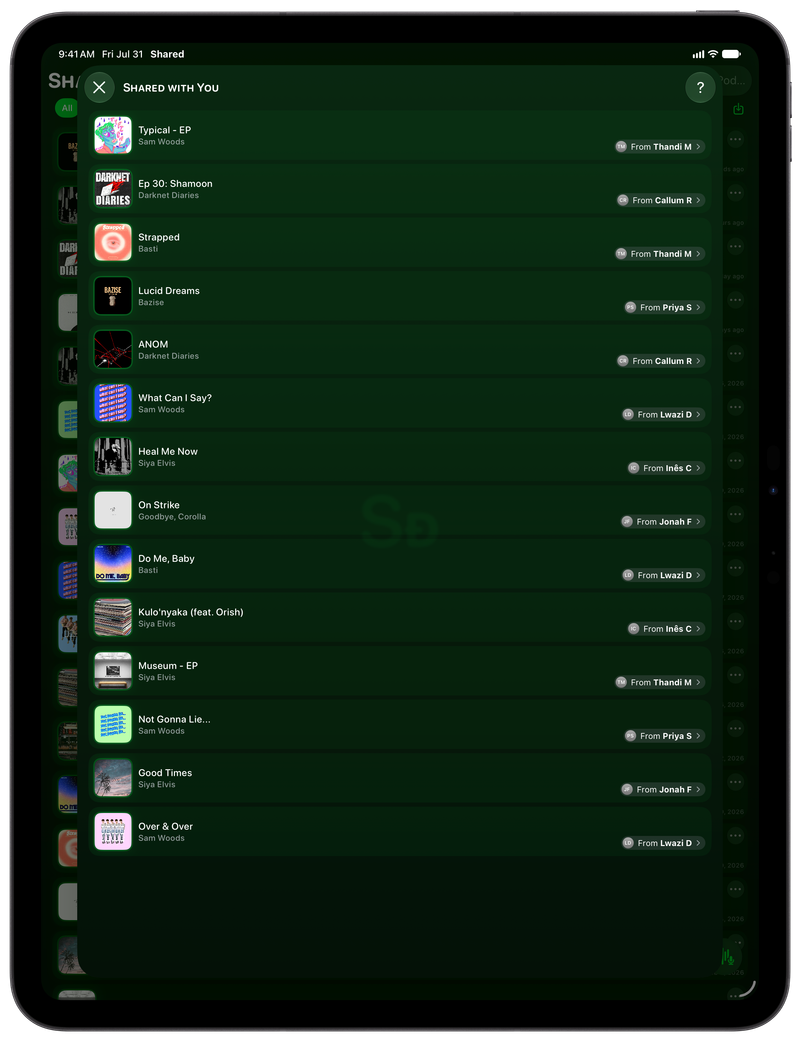 Shared on iPad Pro 13-inch showing Shared with You in the Green tint, dark appearance.