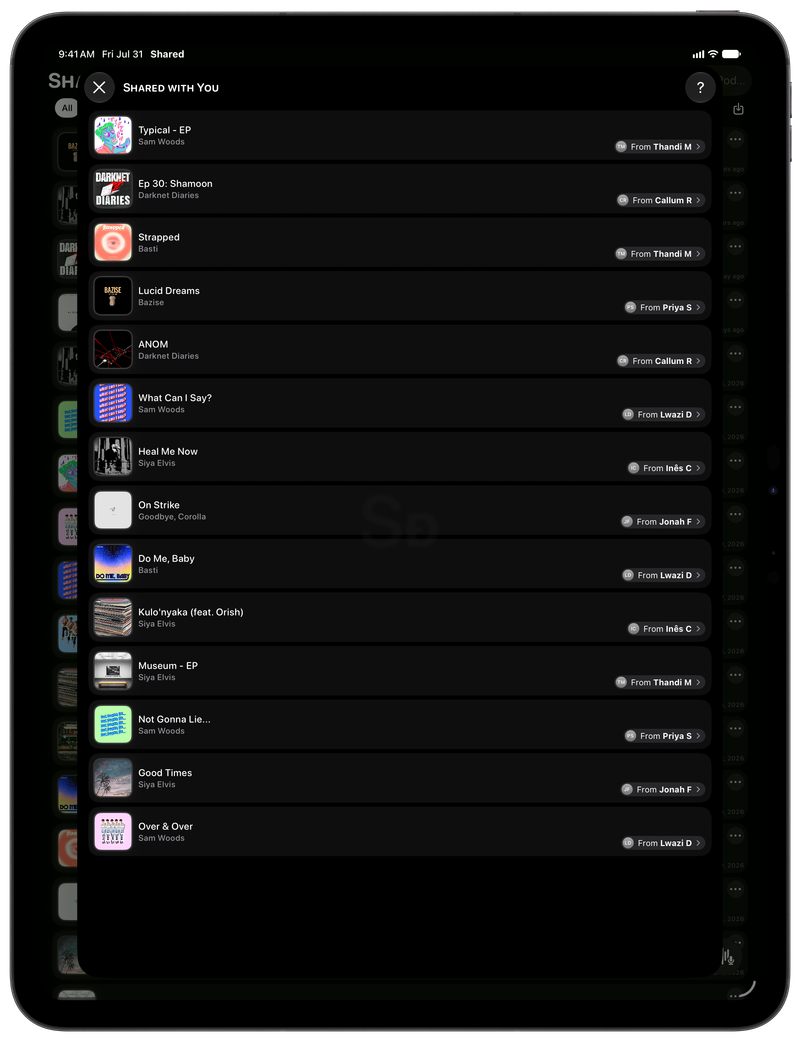 Shared on iPad Pro 13-inch showing Shared with You in the Grey tint, dark appearance.