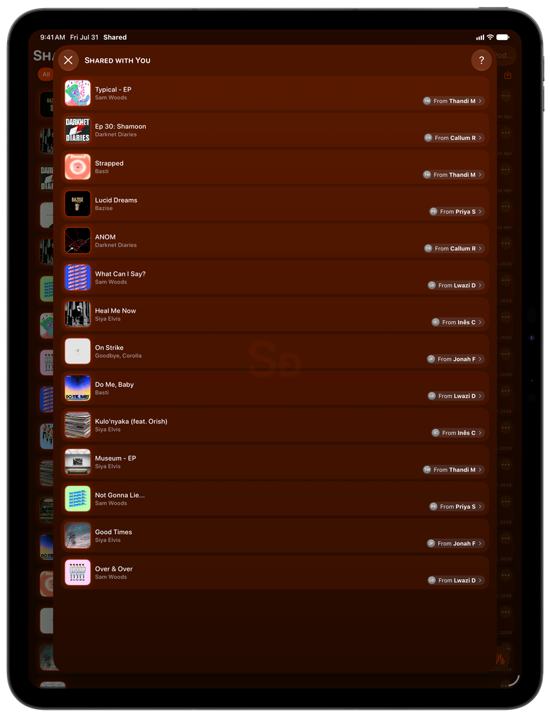 Shared on iPad Pro 13-inch showing Shared with You in the Orange tint, dark appearance.
