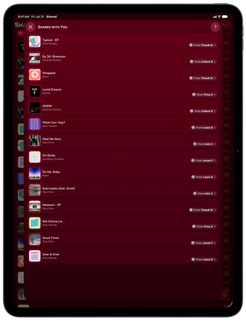 Shared on iPad Pro 13-inch showing Shared with You in the Pink tint, dark appearance.