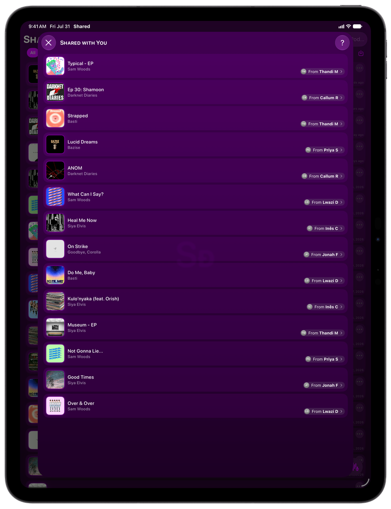 Shared on iPad Pro 13-inch showing Shared with You in the Purple tint, dark appearance.