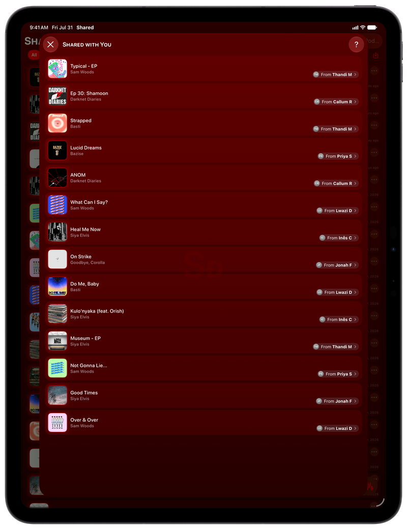 Shared on iPad Pro 13-inch showing Shared with You in the Red tint, dark appearance.