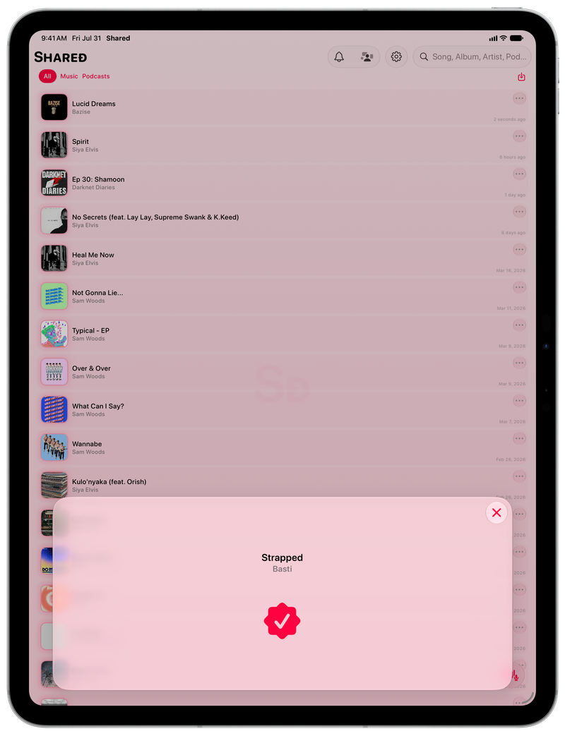 Shared on iPad Pro 13-inch showing Successful Match in the Pink tint, light appearance.