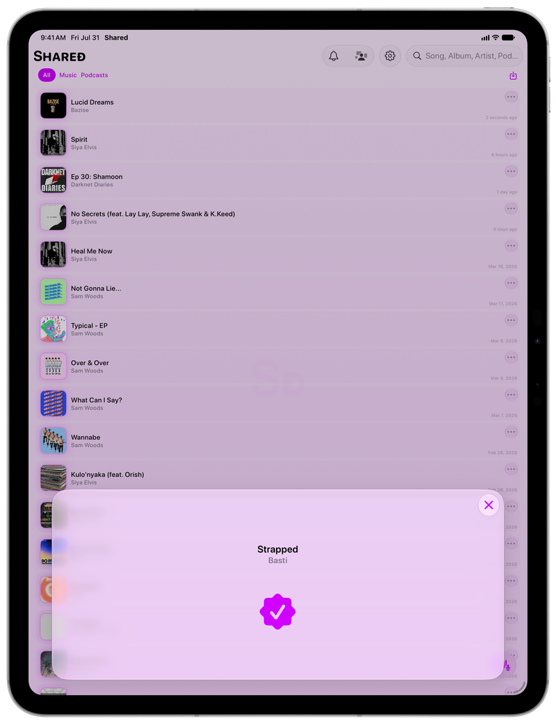 Shared on iPad Pro 13-inch showing Successful Match in the Purple tint, light appearance.