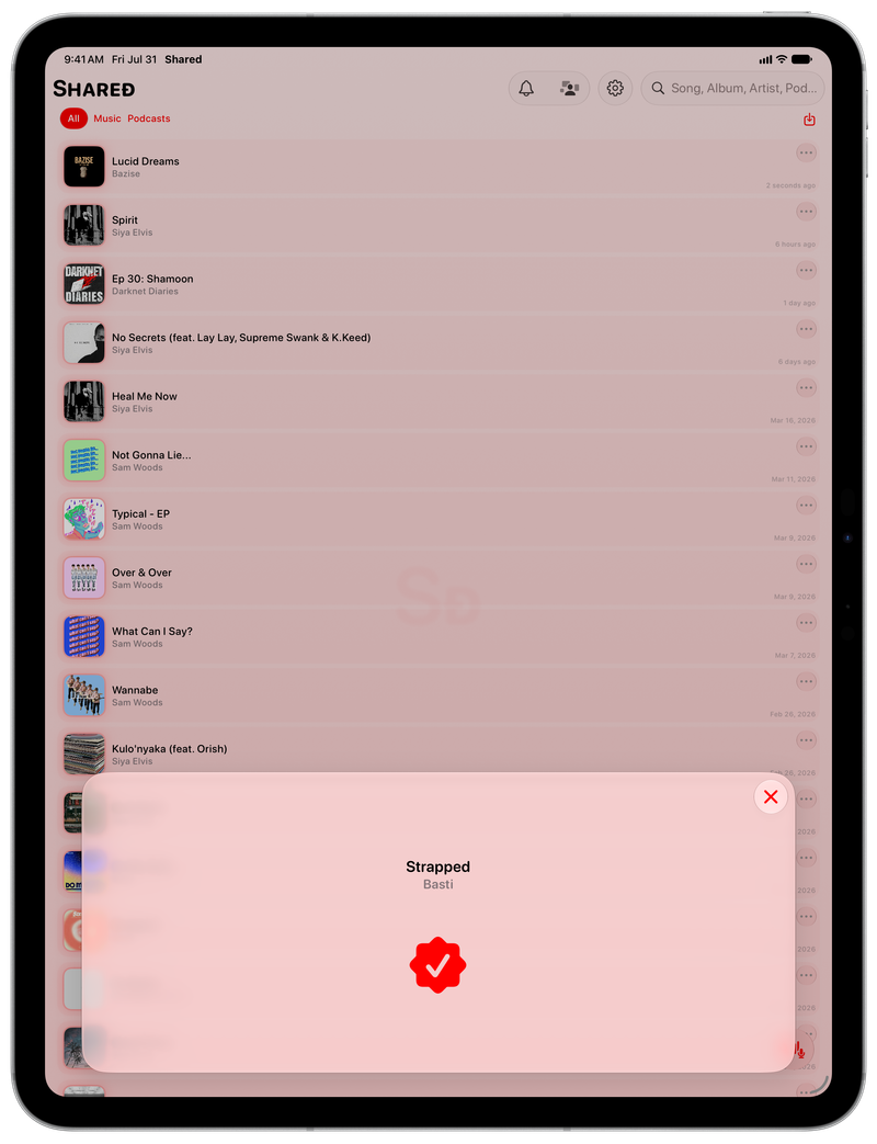 Shared on iPad Pro 13-inch showing Successful Match in the Red tint, light appearance.