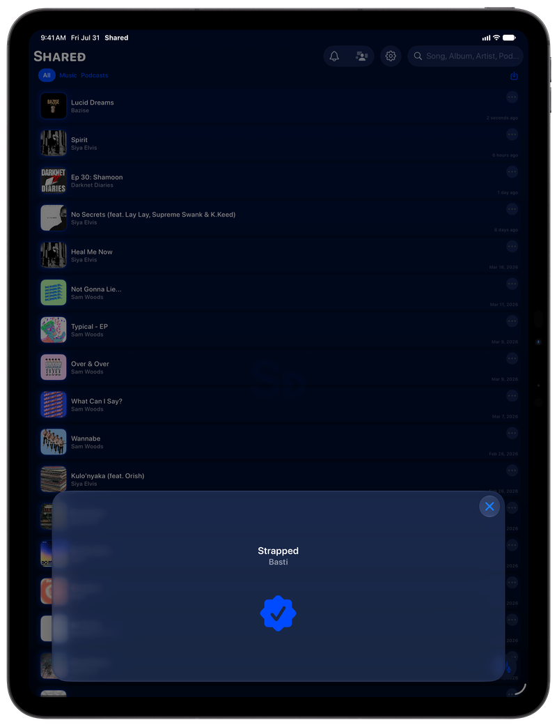 Shared on iPad Pro 13-inch showing Successful Match in the Blue tint, dark appearance.
