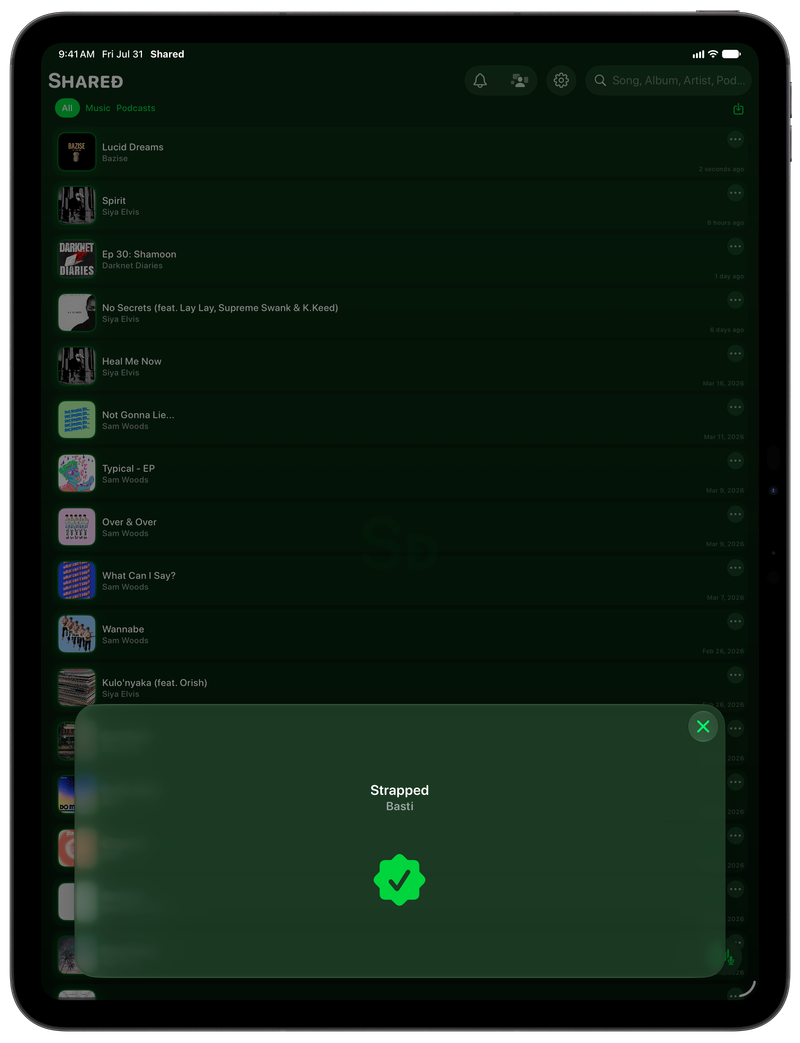 Shared on iPad Pro 13-inch showing Successful Match in the Green tint, dark appearance.