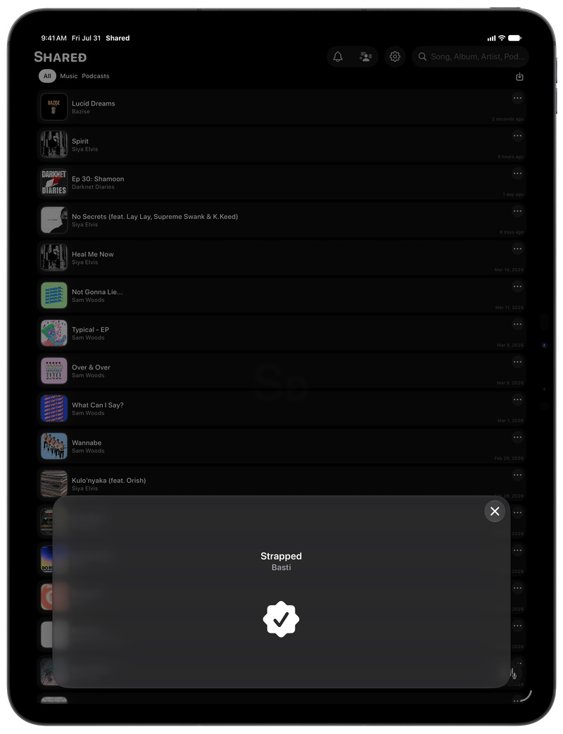 Shared on iPad Pro 13-inch showing Successful Match in the Grey tint, dark appearance.