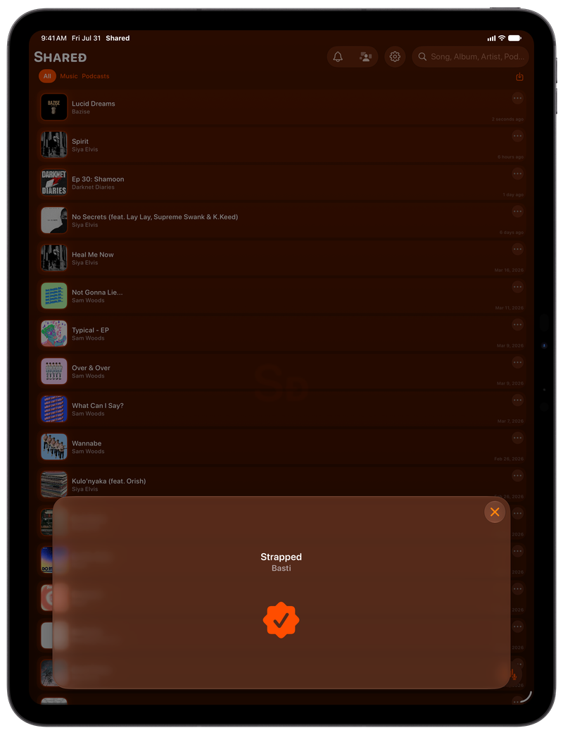 Shared on iPad Pro 13-inch showing Successful Match in the Orange tint, dark appearance.