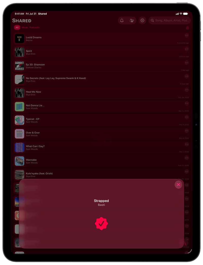 Shared on iPad Pro 13-inch showing Successful Match in the Pink tint, dark appearance.