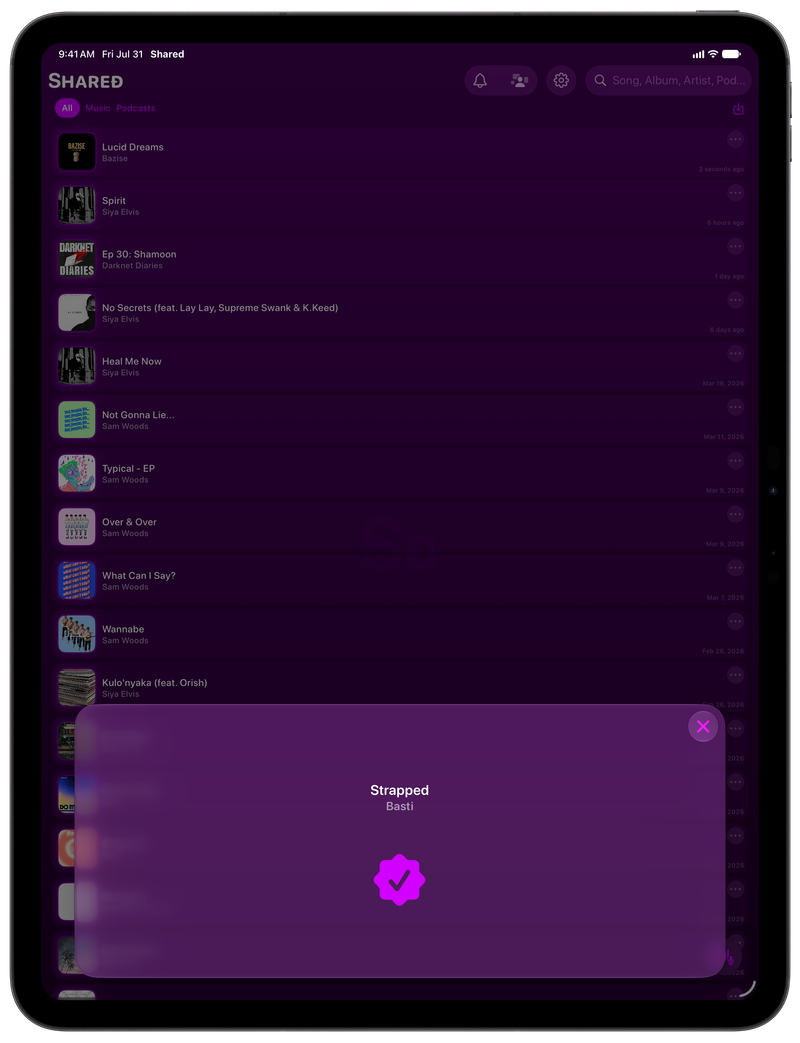 Shared on iPad Pro 13-inch showing Successful Match in the Purple tint, dark appearance.