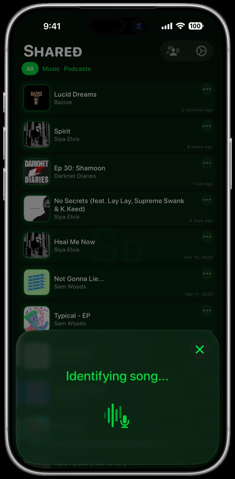 Shared iPhone 17 Pro Max Silver Song ID Identifying Green Dark press image.