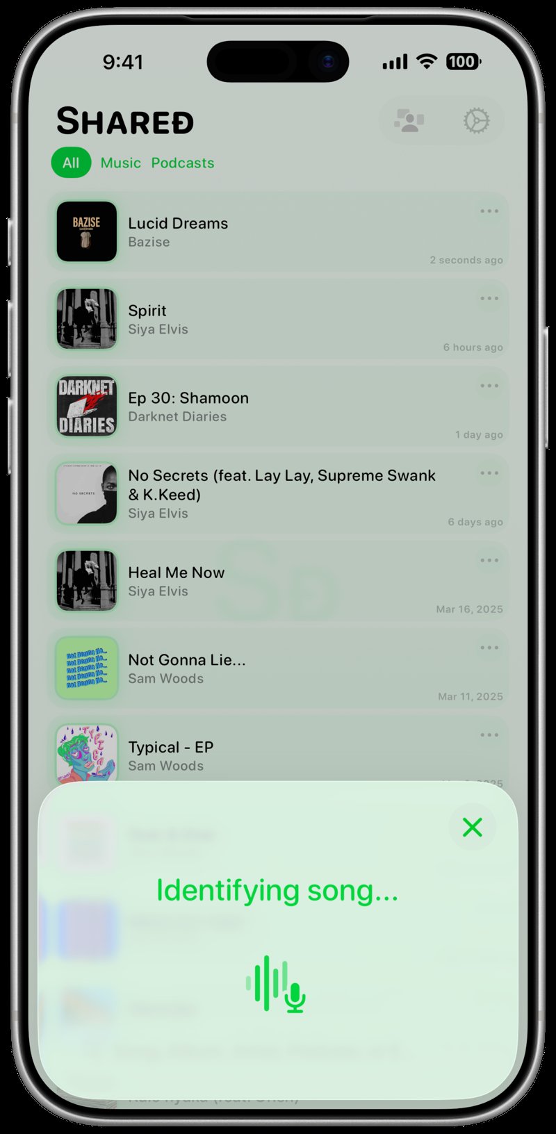 Shared iPhone 17 Pro Max Silver Song ID Identifying Green Light press image.