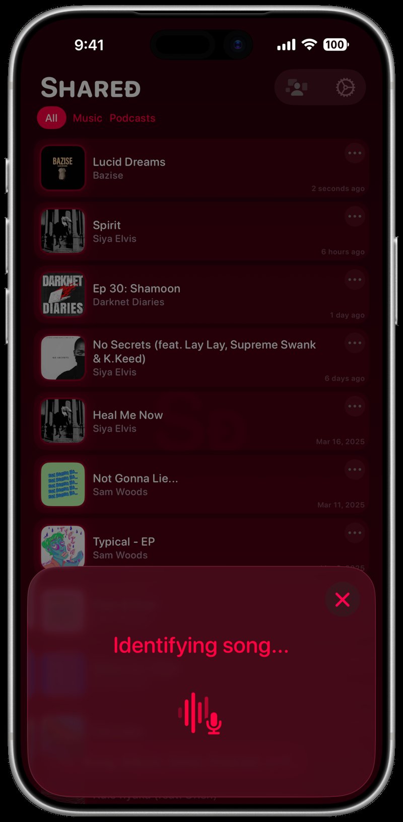 Shared iPhone 17 Pro Max Silver Song ID Identifying Pink Dark press image.