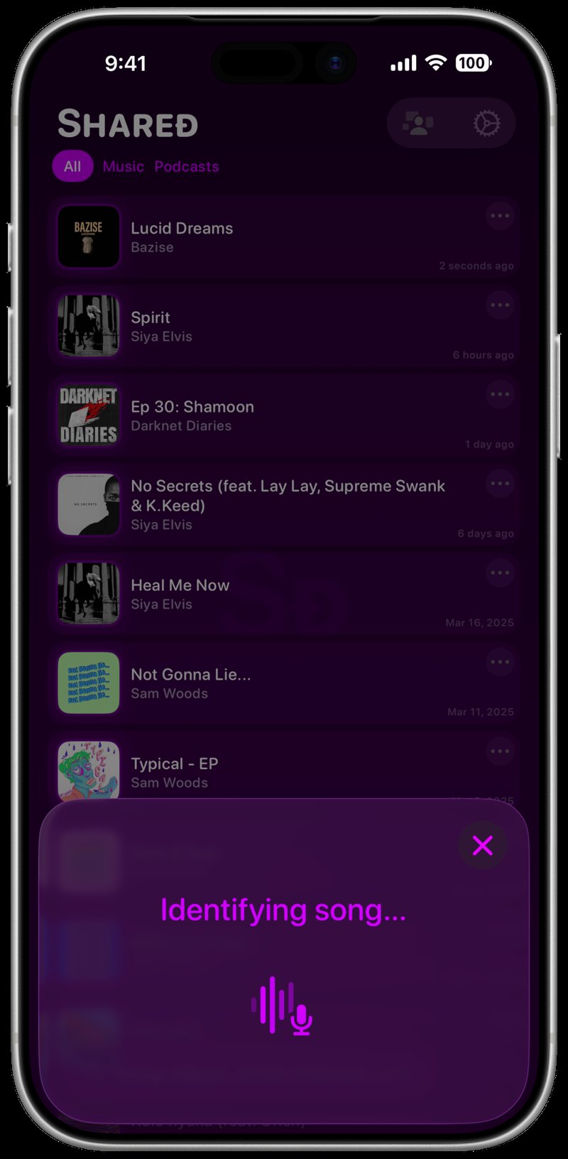 Shared iPhone 17 Pro Max Silver Song ID Identifying Purple Dark press image.