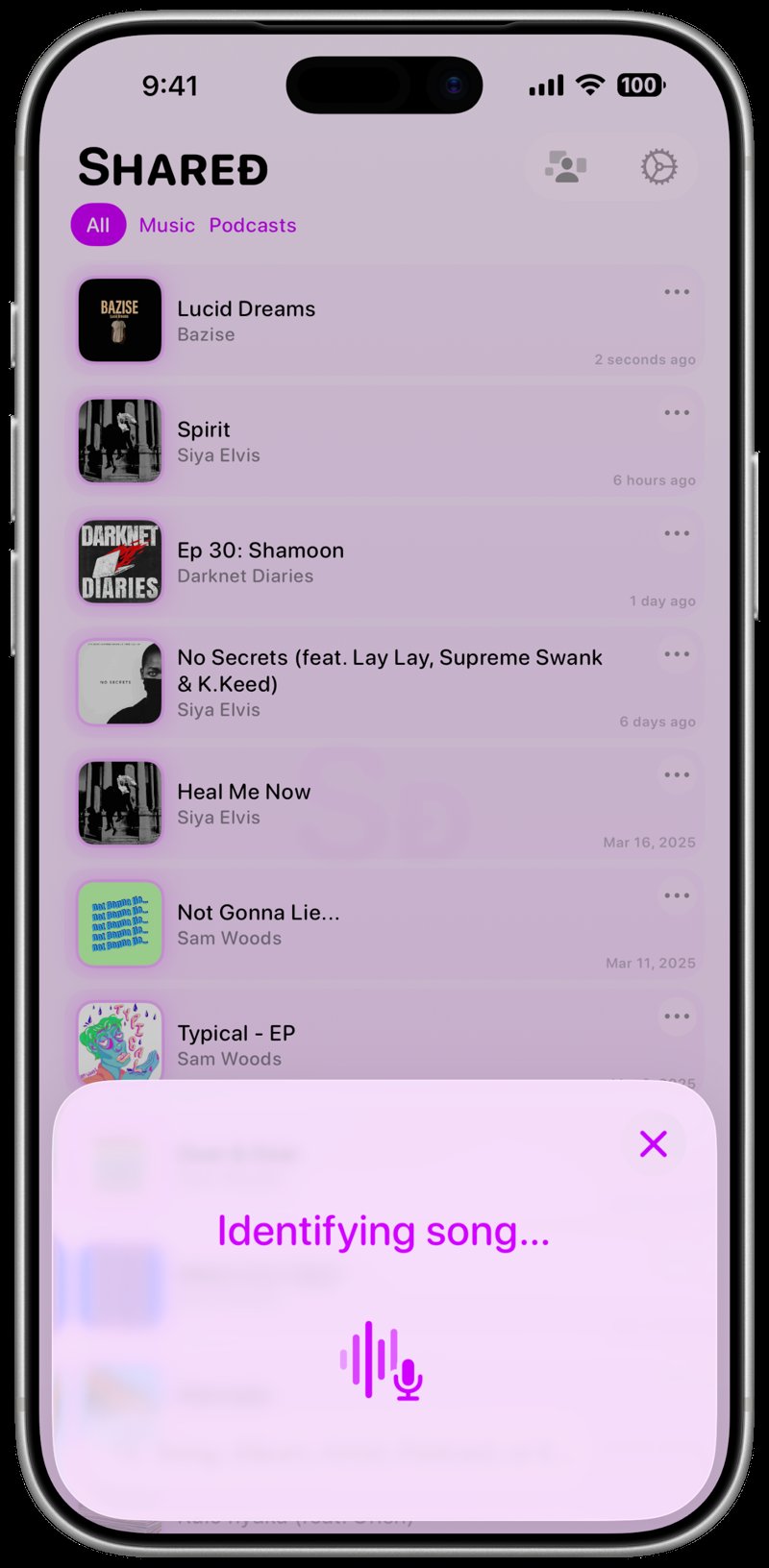 Shared iPhone 17 Pro Max Silver Song ID Identifying Purple Light press image.