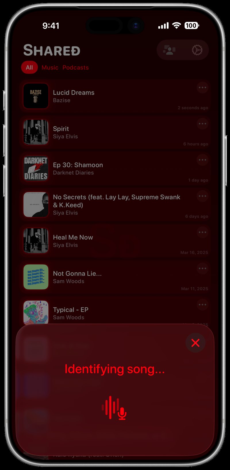 Shared iPhone 17 Pro Max Silver Song ID Identifying Red Dark press image.