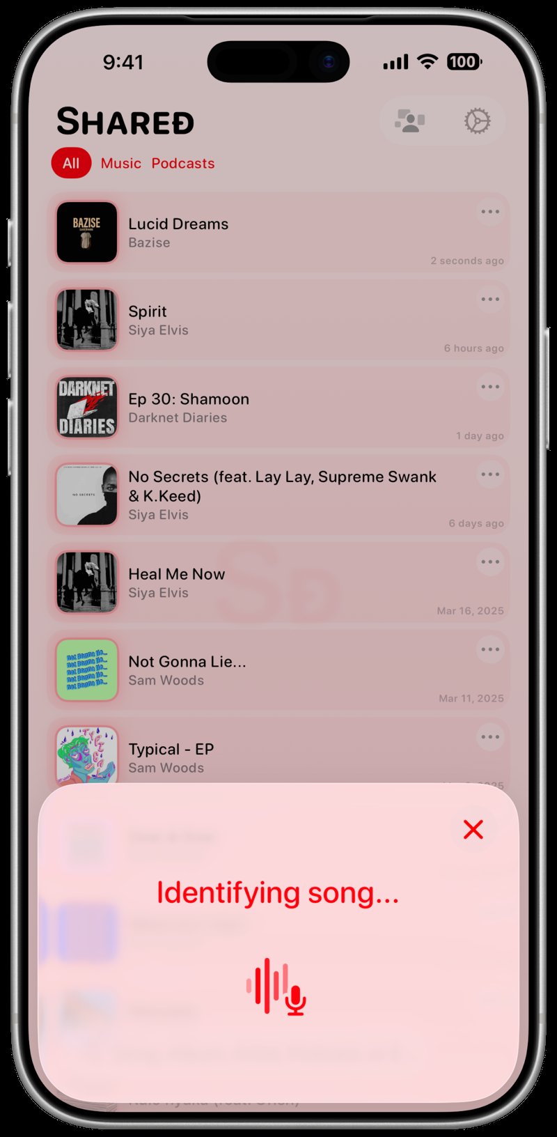 Shared iPhone 17 Pro Max Silver Song ID Identifying Red Light press image.