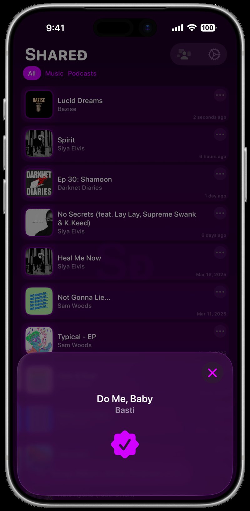 Shared iPhone 17 Pro Max Silver Song ID Match Purple Dark press image.