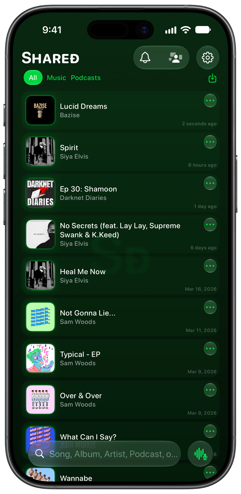 Shared on iPhone 17 showing History in the Green tint, dark appearance.